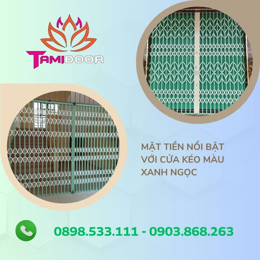 Mặt Tiền Nổi Bật Với Cửa Kéo Màu Xanh Ngọc